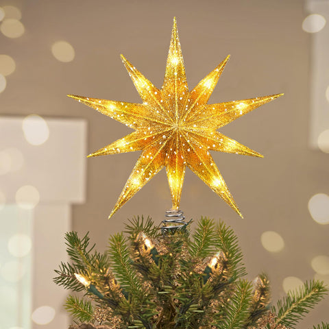 Luxspire gold star topper front view showing elegant shape and festive glow benefits centerpiece appeal
