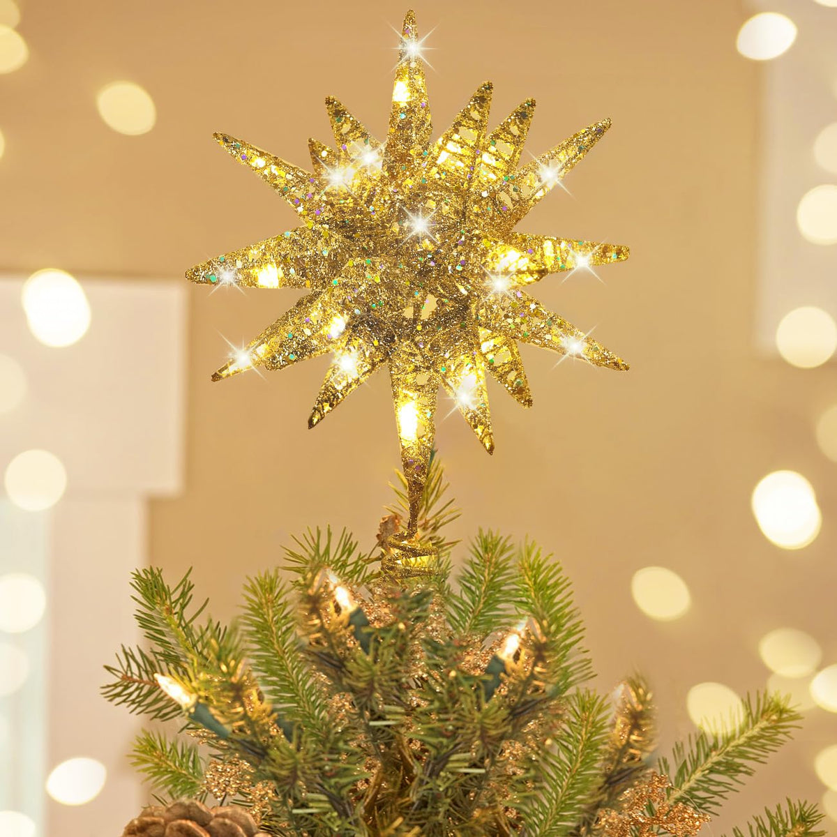 Luxspire front view of champagne gold star topper showing full shape and shine