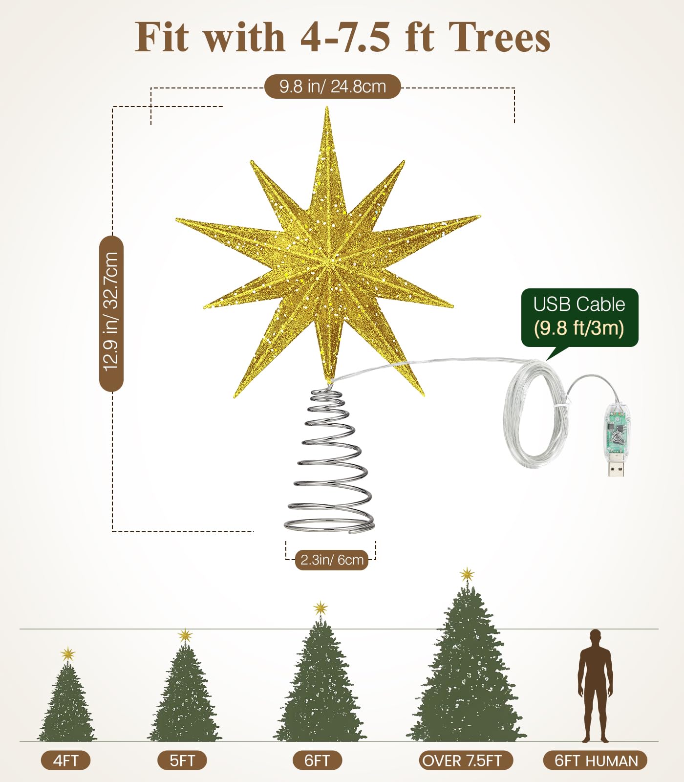 Luxspire installed on tree full view showing fit on mid-size tree and instant festive impact benefit