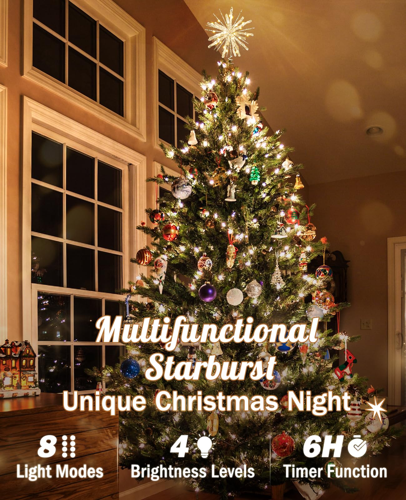 Luxspire star topper lit on a Christmas tree at night creating warm ambience