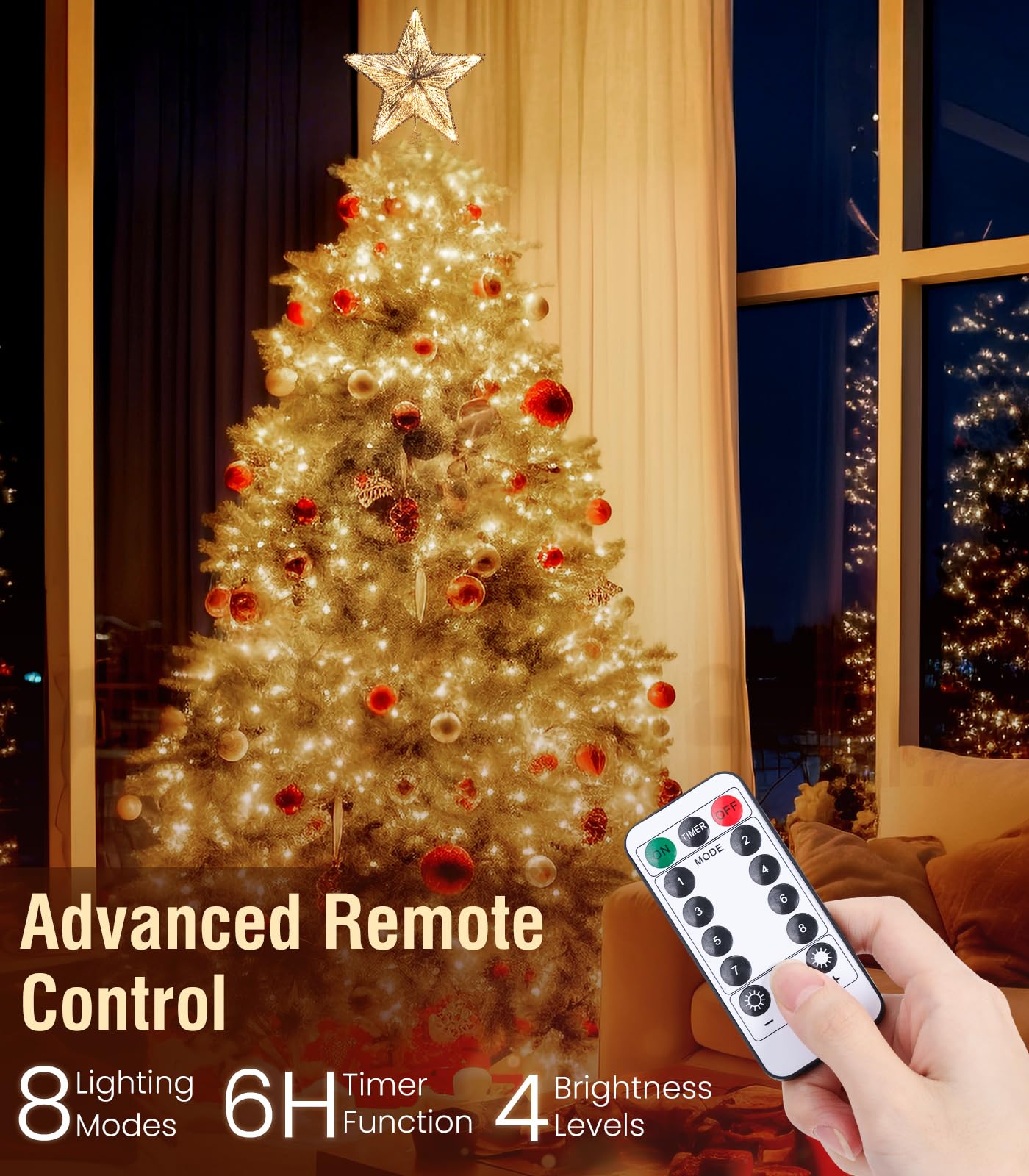 Luxspire remote beside star demonstrating easy mode and brightness control benefit