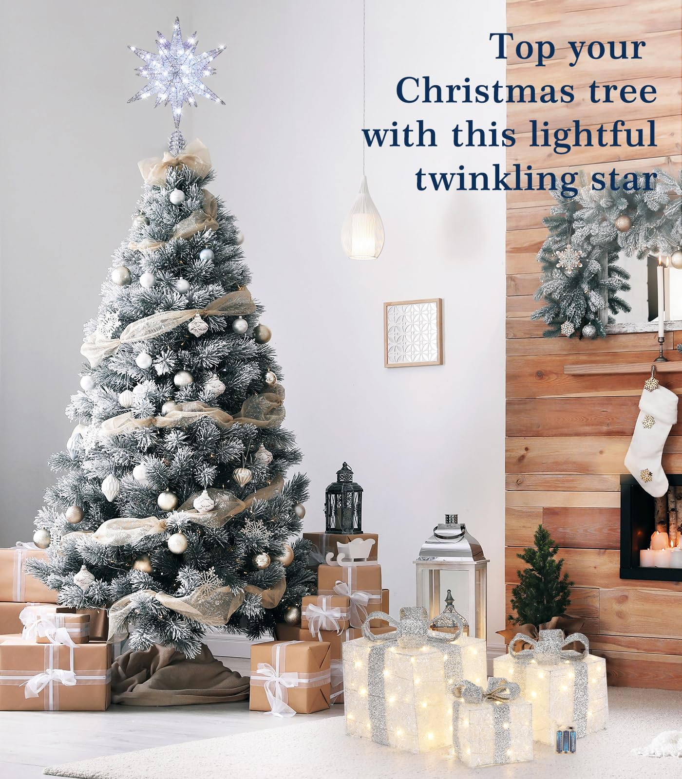 Luxspire star atop a 9ft tree showing proper scale and impressive presence