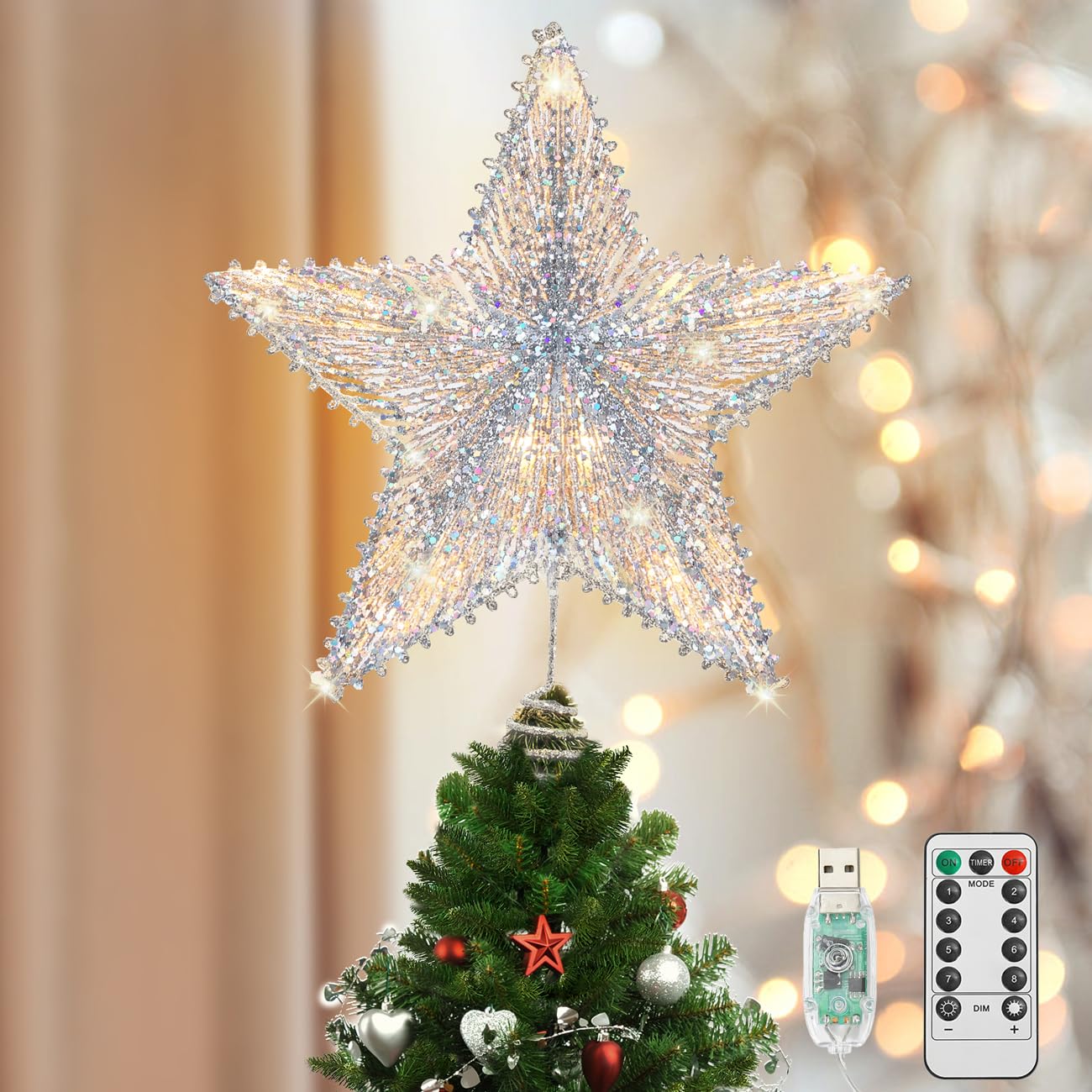 Luxspire star front view showing silver sequins and elegant shape, enhances tree crown