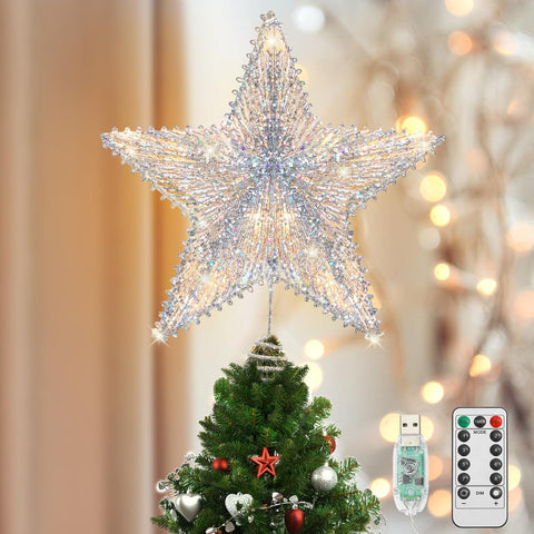Luxspire star front view showing silver sequins and elegant shape, enhances tree crown