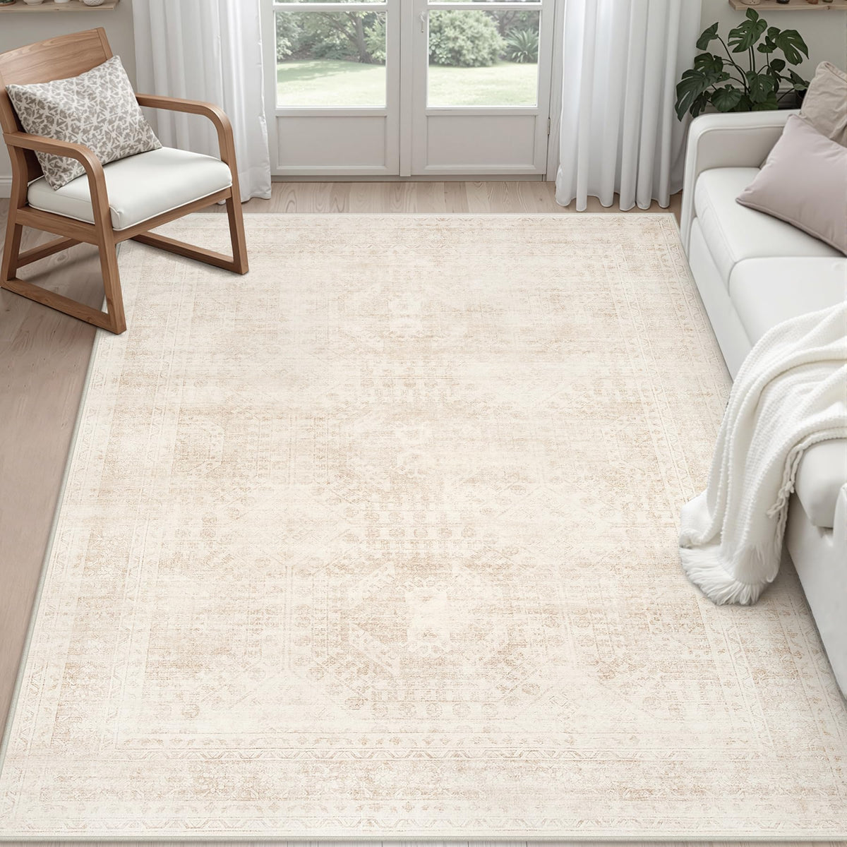 Luxturiy front view beige rug in room, versatile neutral backdrop