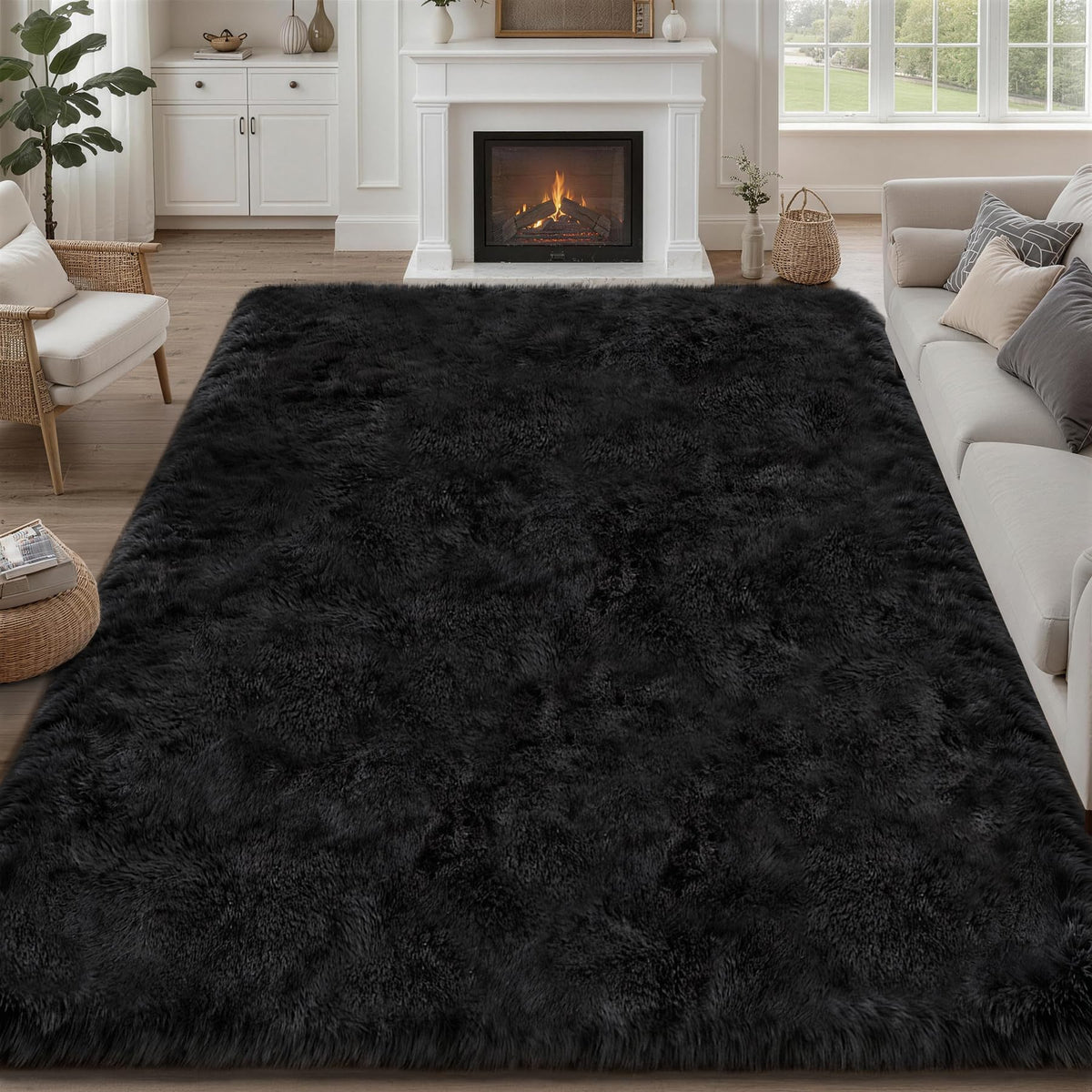 Luxturiy front view of 8x10 black rug showing plush look and anchoring benefit