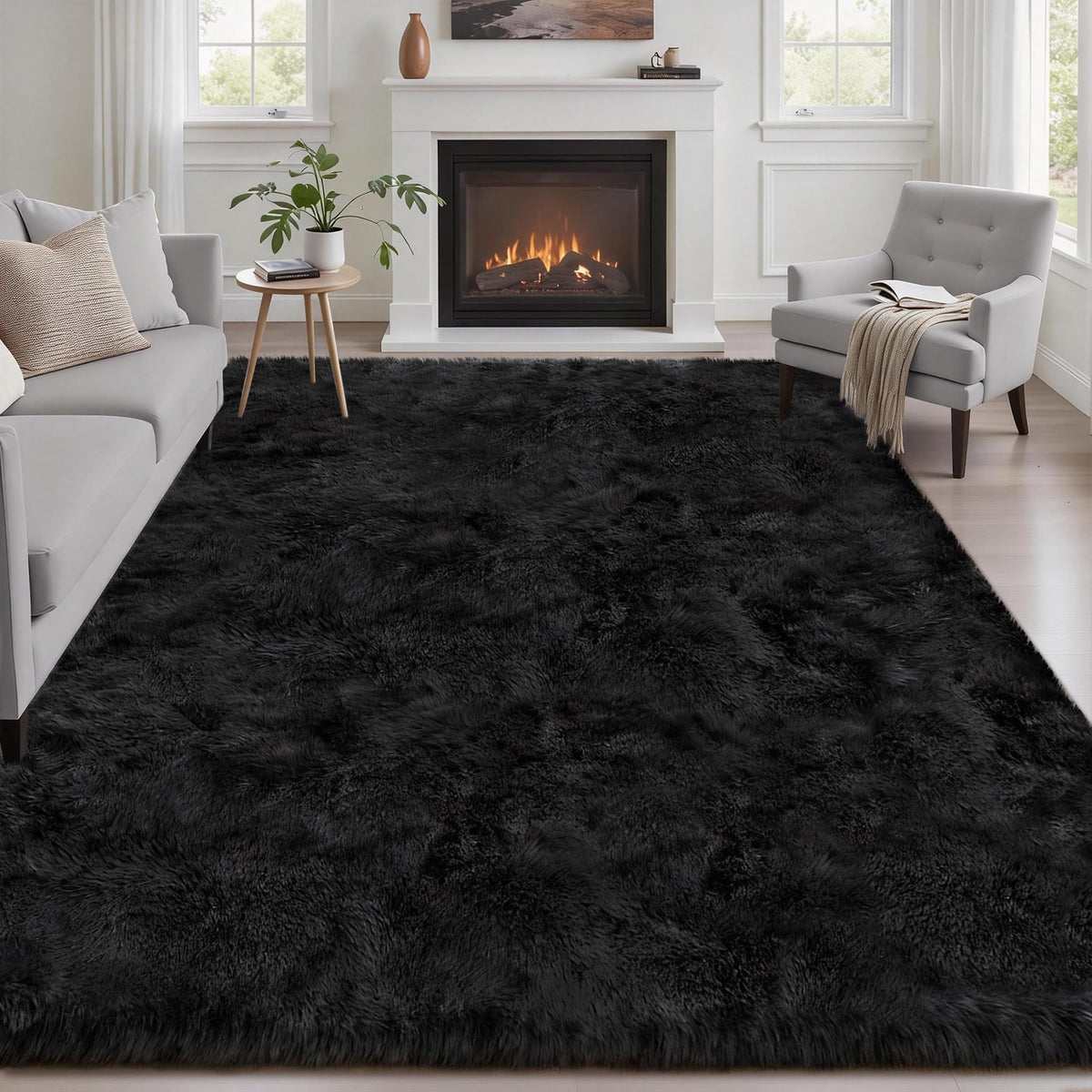 Luxturiy front view of 6x9 black rug showing plush surface and styling benefit