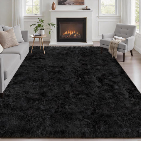 Luxturiy front view of 6x9 black rug showing plush surface and styling benefit
