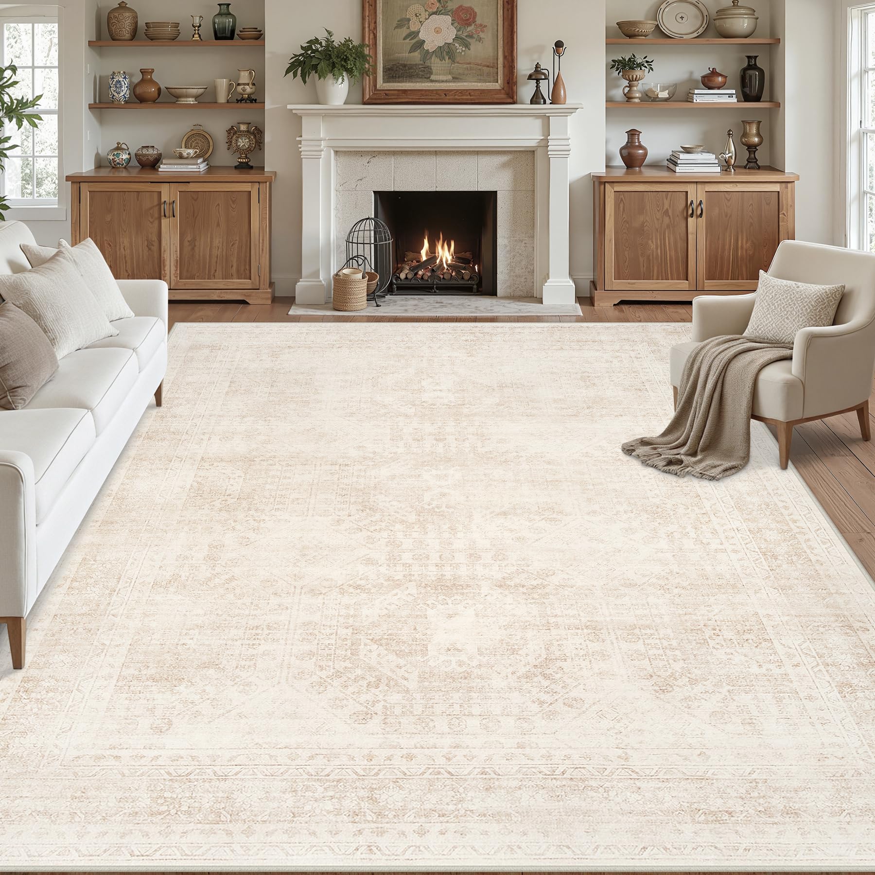 Luxturiy front view of 9x12 beige rug showing versatile styling benefit