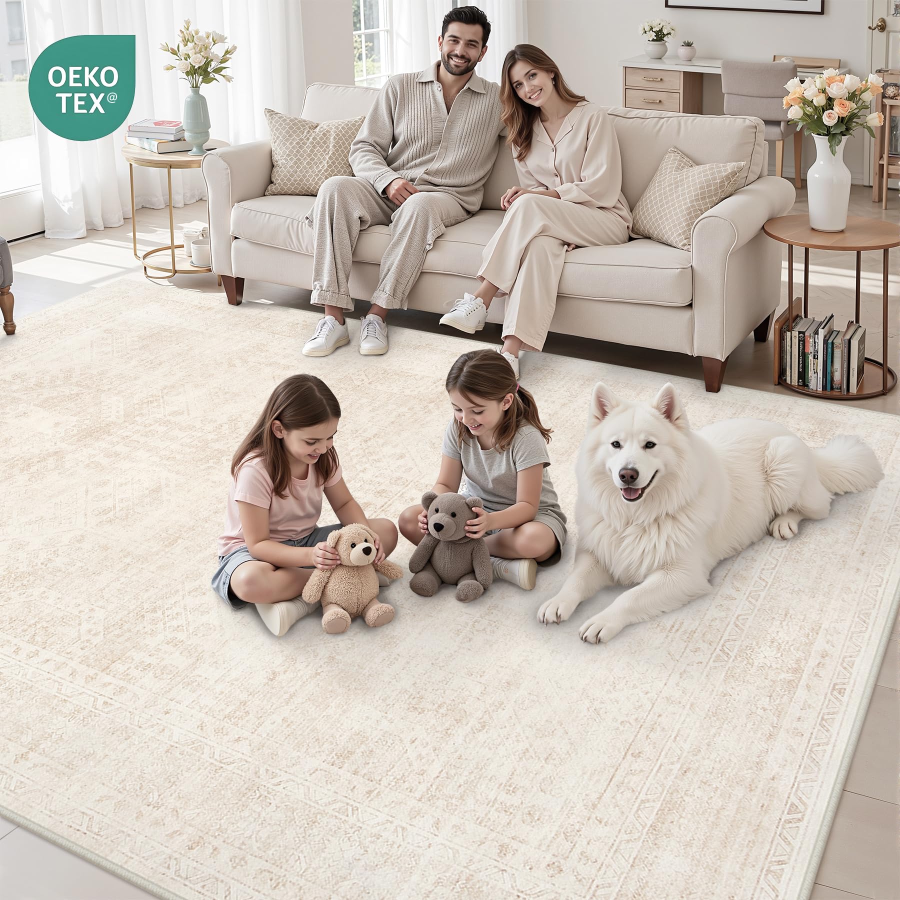 Luxturiy rug crease-care shown with iron technique, quick flattening tip