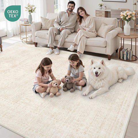 Luxturiy with child and pet on rug showing durable family-friendly benefit