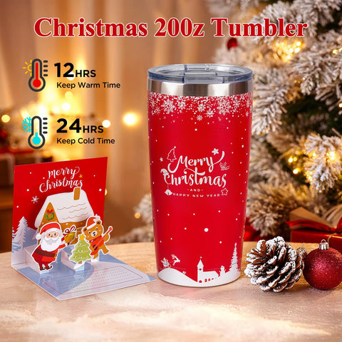 LUXULISH 20oz insulated tumbler close-up with holiday print, keeps drinks at ideal temperature