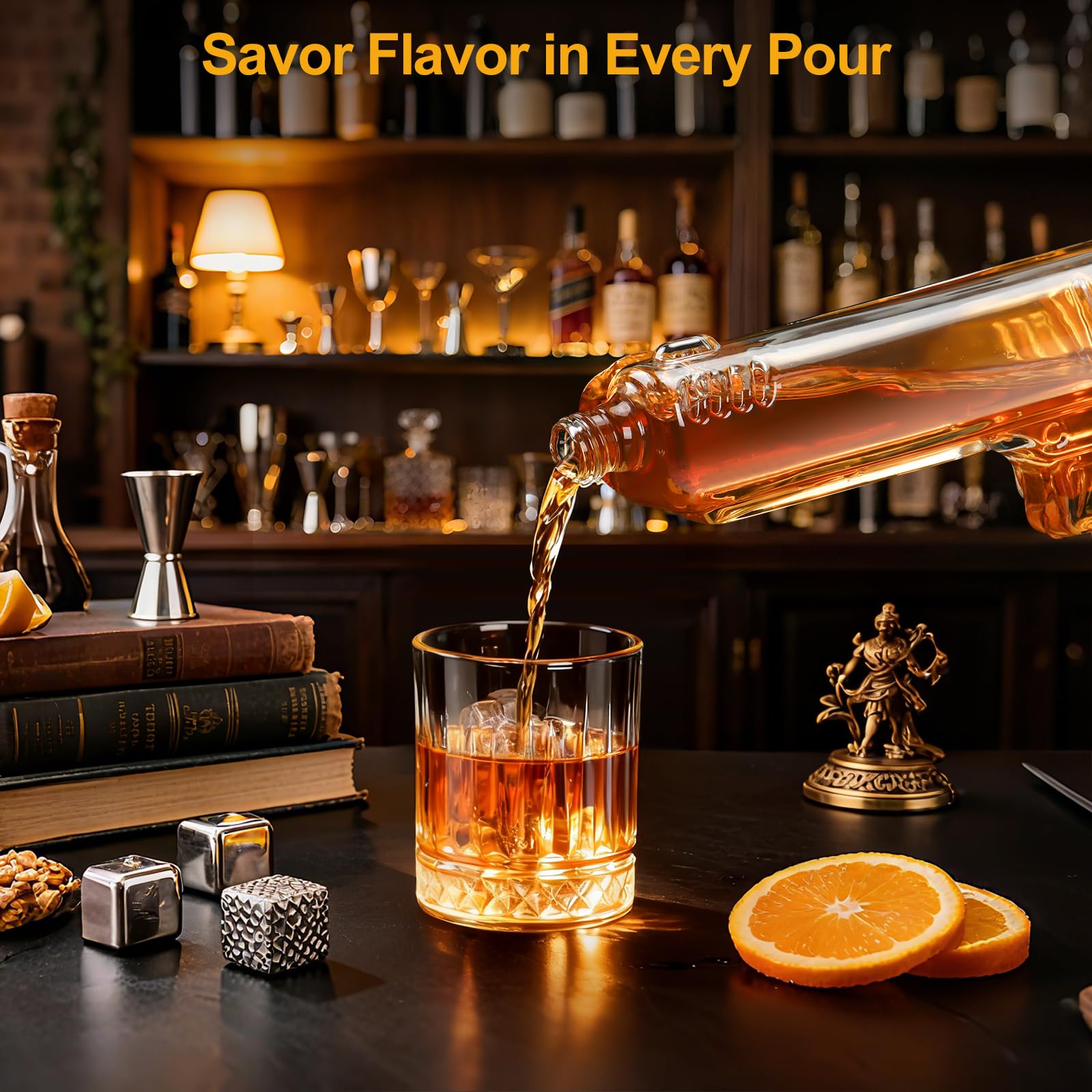LUXULISH decanter pouring whiskey smoothly demonstrating drip-resistant pour benefit