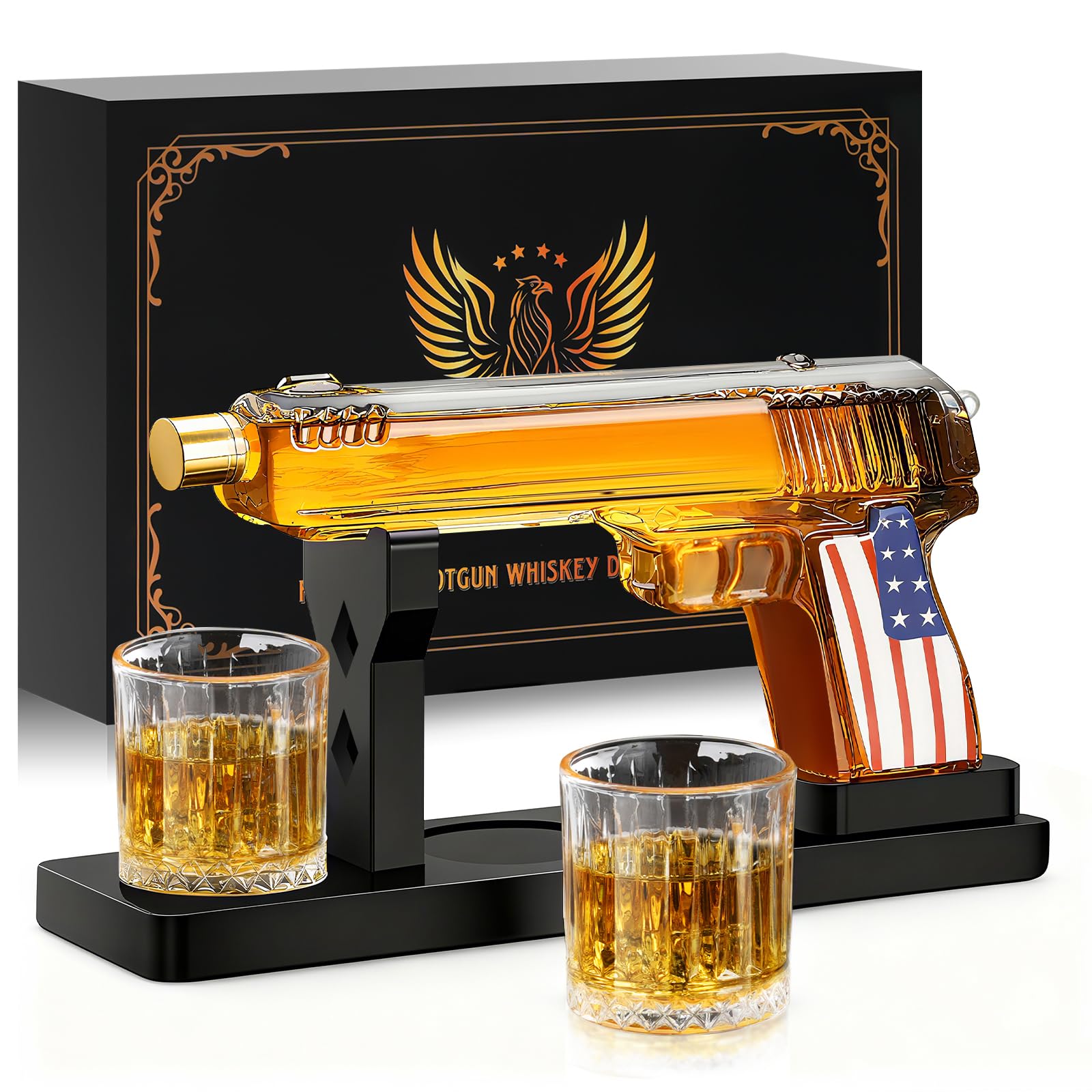 LUXULISH pistol decanter front view showing striking patriotic style and display appeal