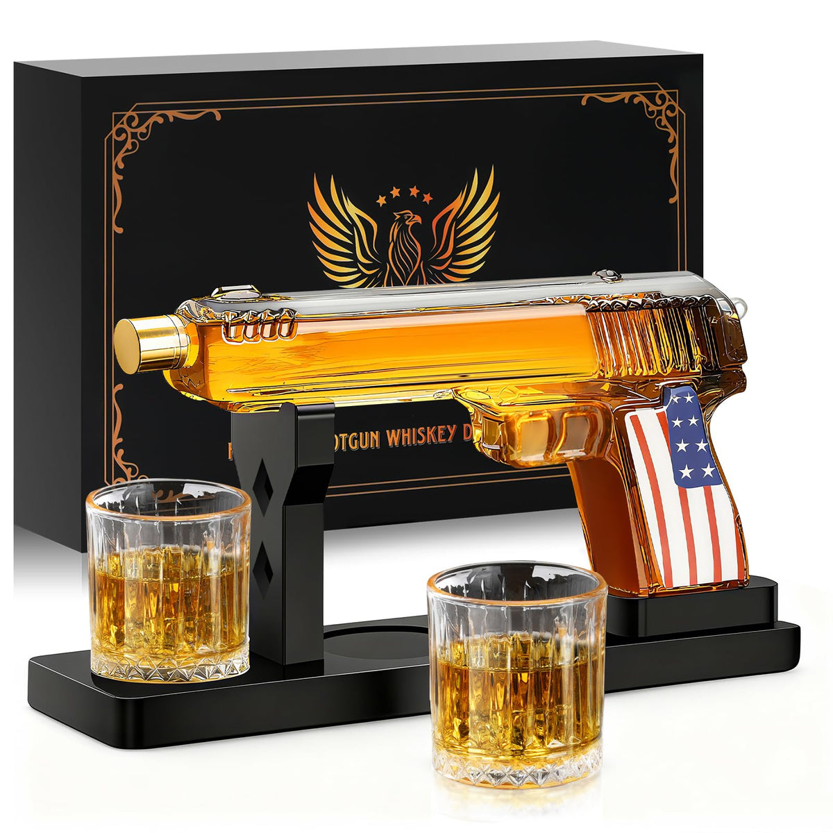 LUXULISH pistol decanter front view showing striking patriotic style and display appeal
