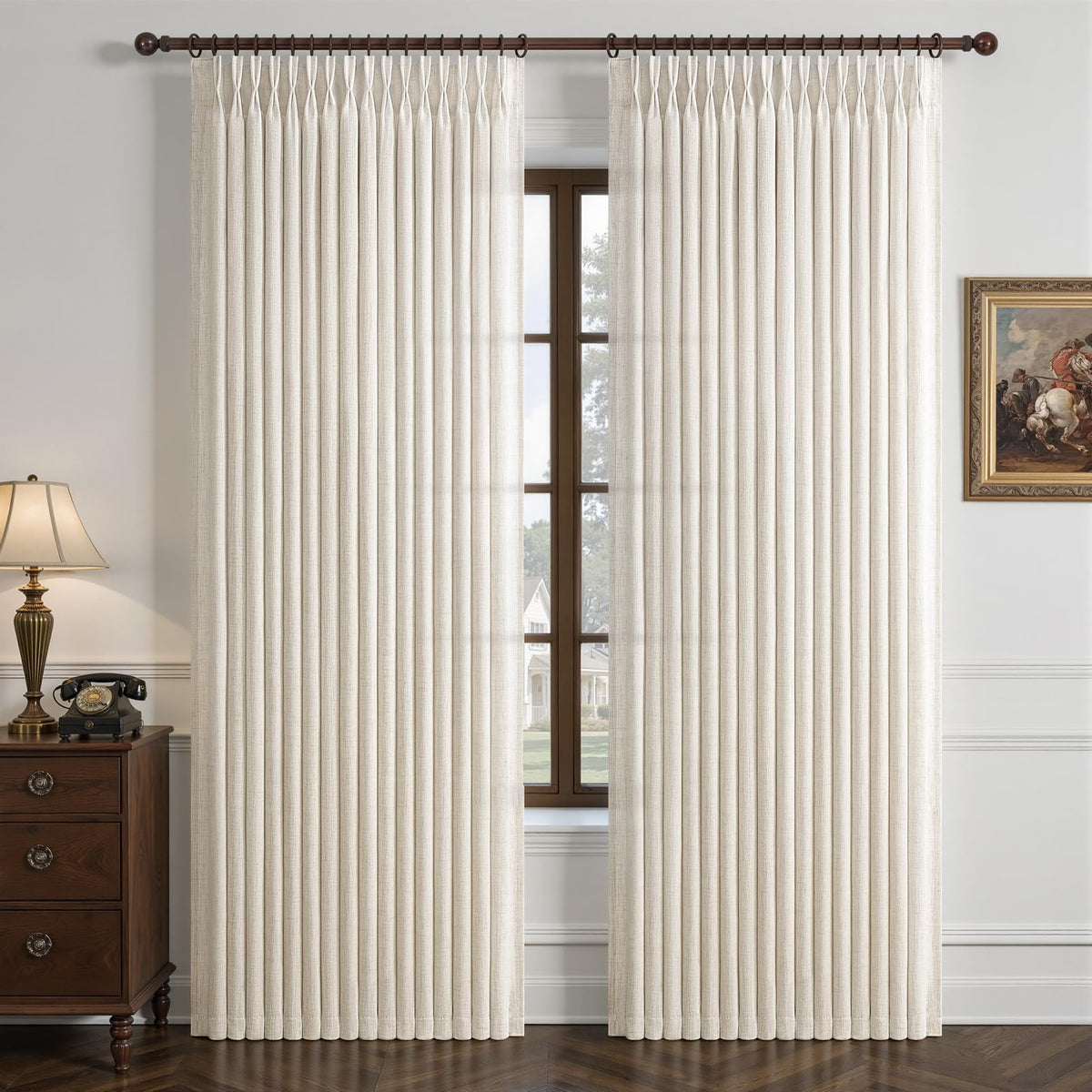 LuxuNap front view of two 50x96 curtains showing elegant pinch pleats and balanced privacy