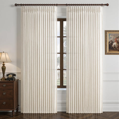 LuxuNap front view of two 50x96 curtains showing elegant pinch pleats and balanced privacy