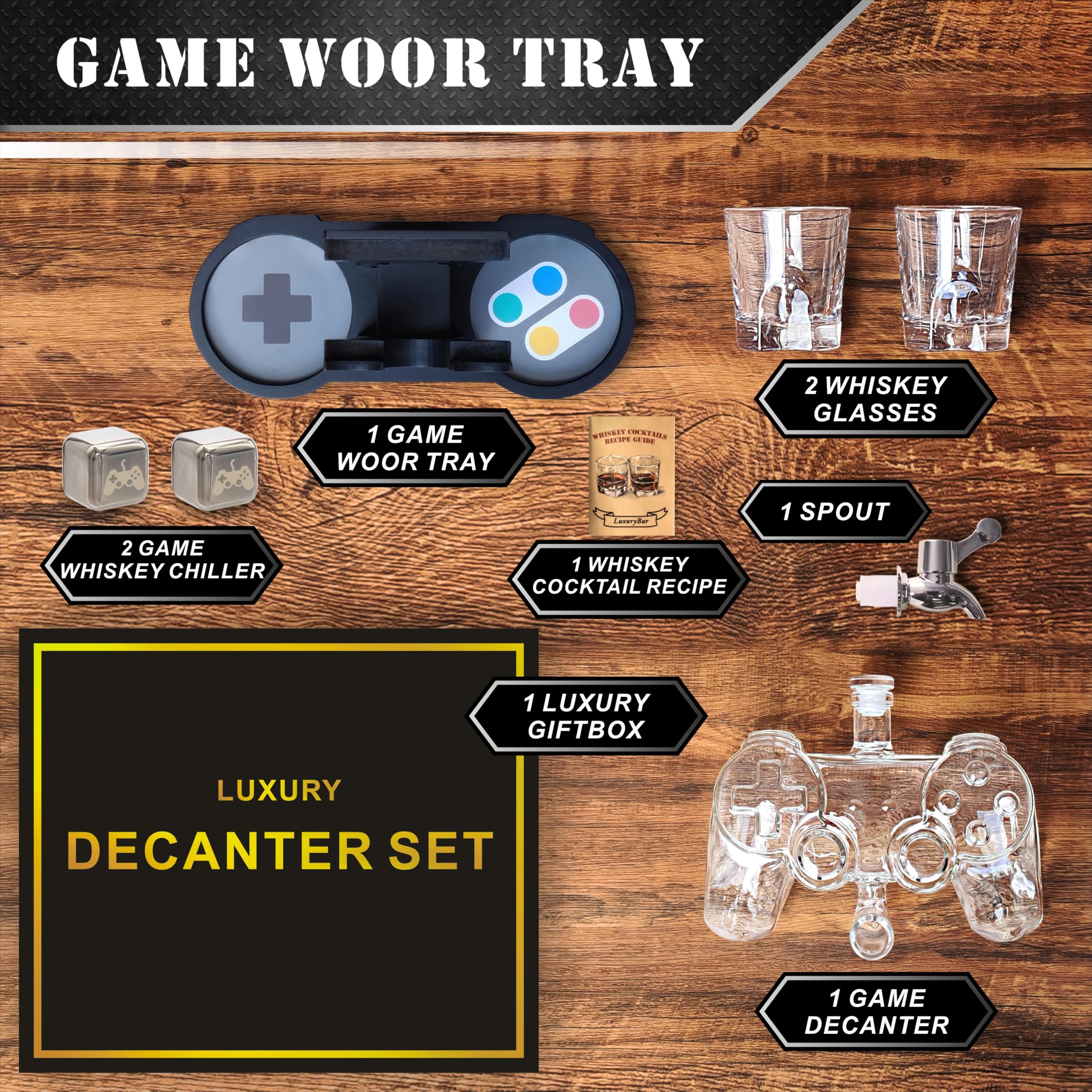 LuxuryBar wooden tray with decanter showing easy carrying and stable serving