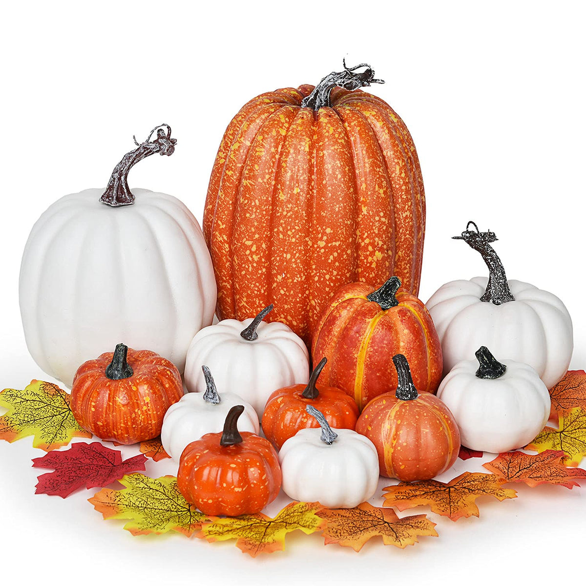 Lvydec front display of mixed orange and white pumpkins showing harvest appeal