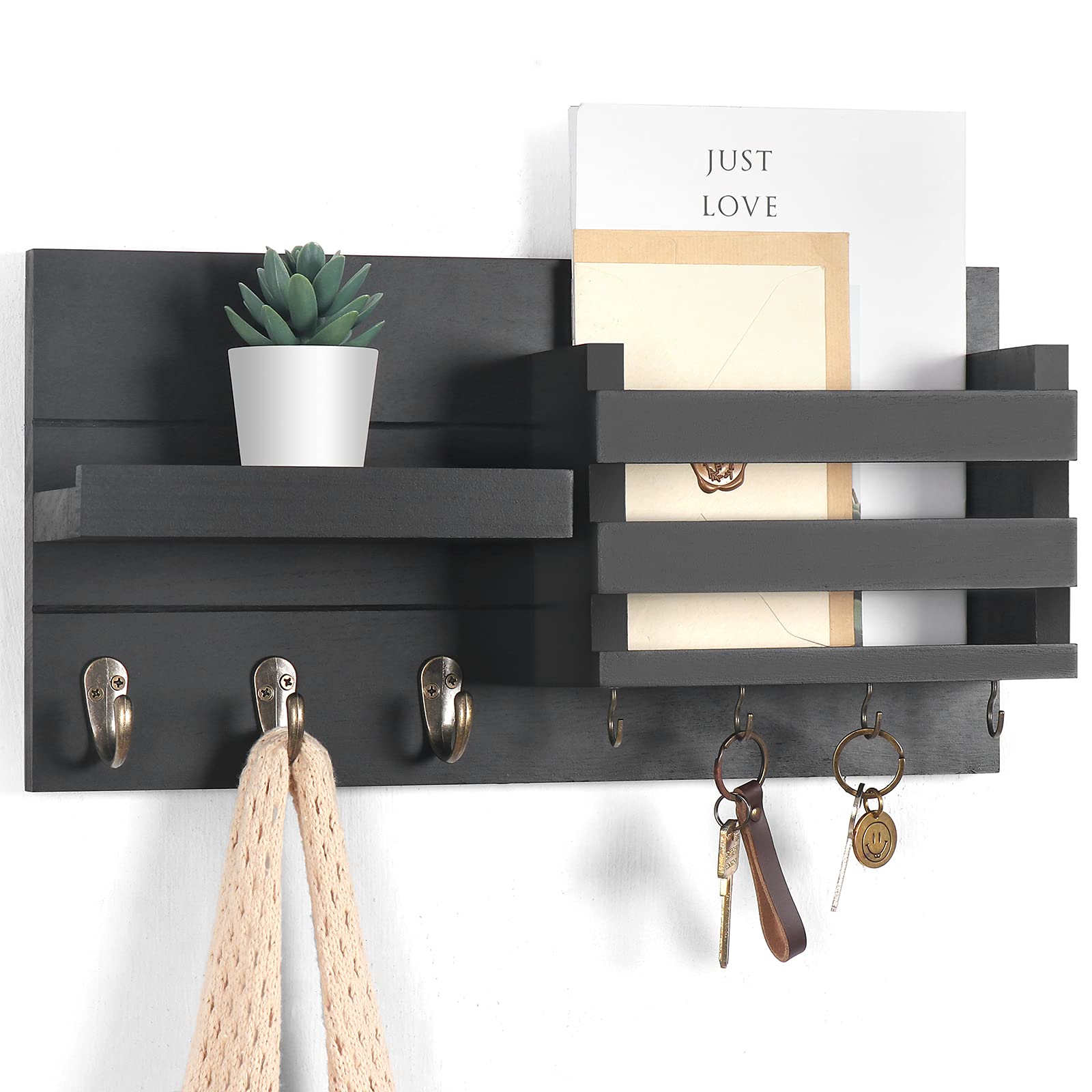 Lwenki front view showing mail slot shelf and hooks for tidy entryway storage
