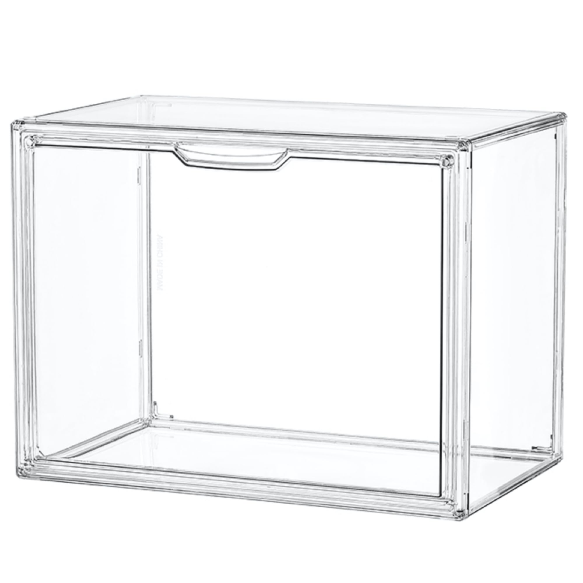 LXLXXL front view of clear acrylic display case shows full transparency and organized look
