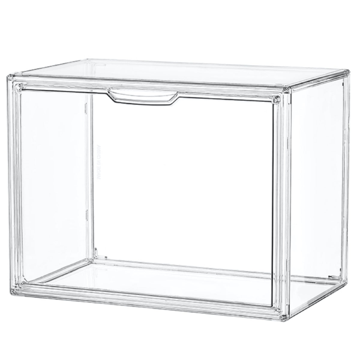 LXLXXL front view of clear acrylic display case shows full transparency and organized look