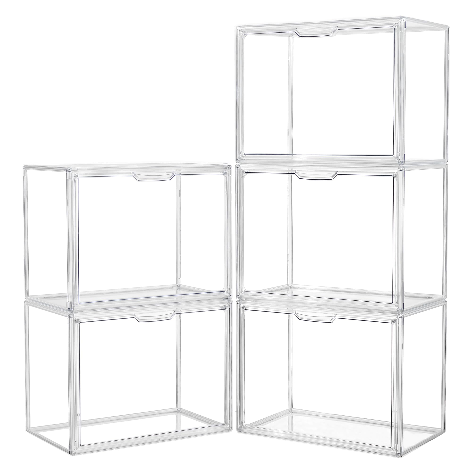 LXLXXL front view of five acrylic display cases showing clarity and organized storage benefit