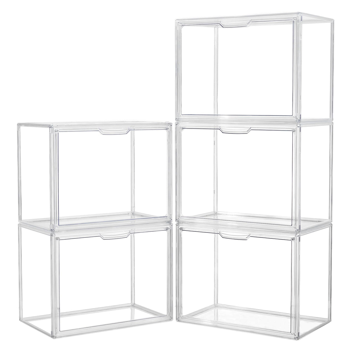 LXLXXL front view of five acrylic display cases showing clarity and organized storage benefit