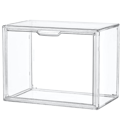 LXLXXL front view of clear acrylic display case shows full transparency and organized look