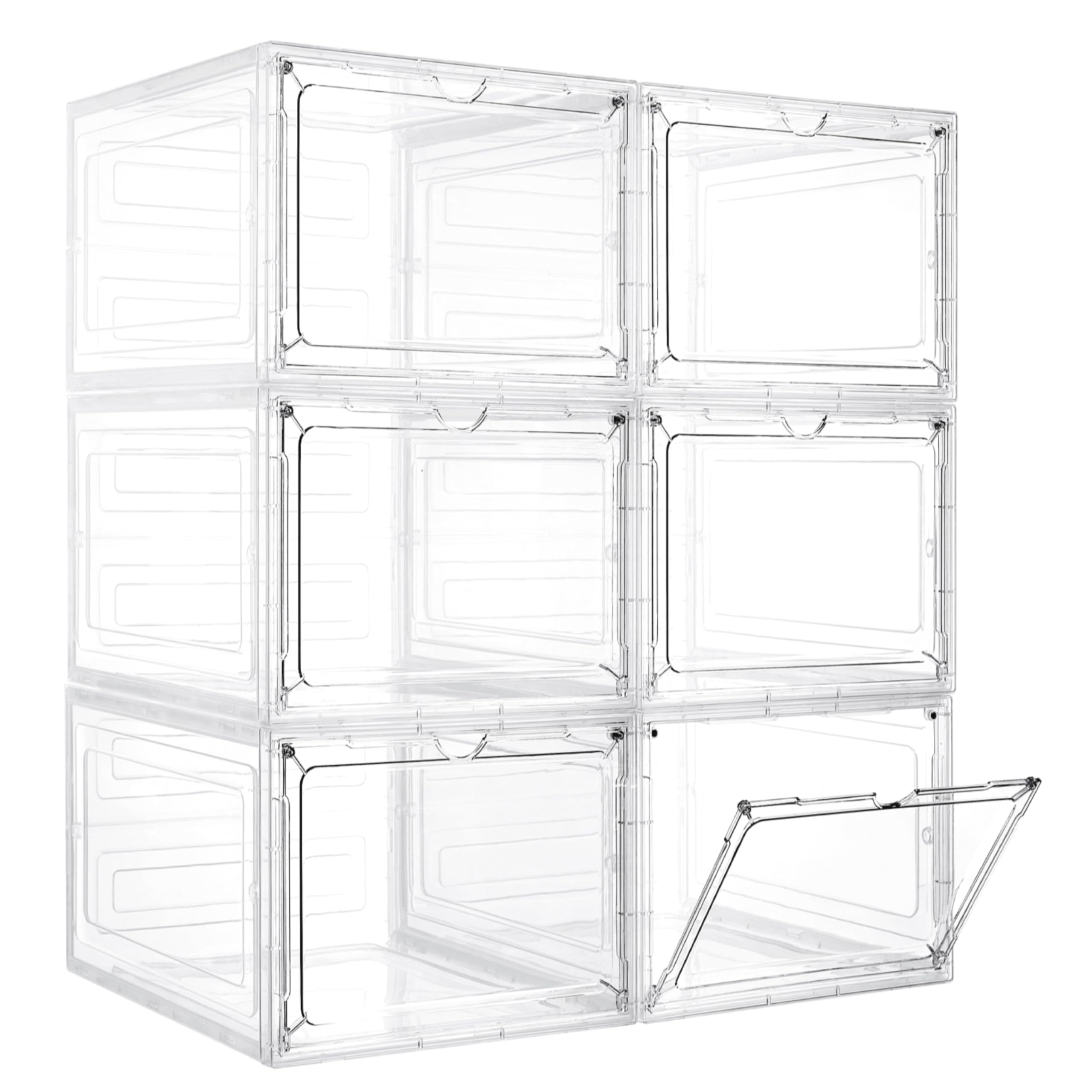 LXLXXL front view of six-pack clear storage bins showing organized stack and labels for easy sorting