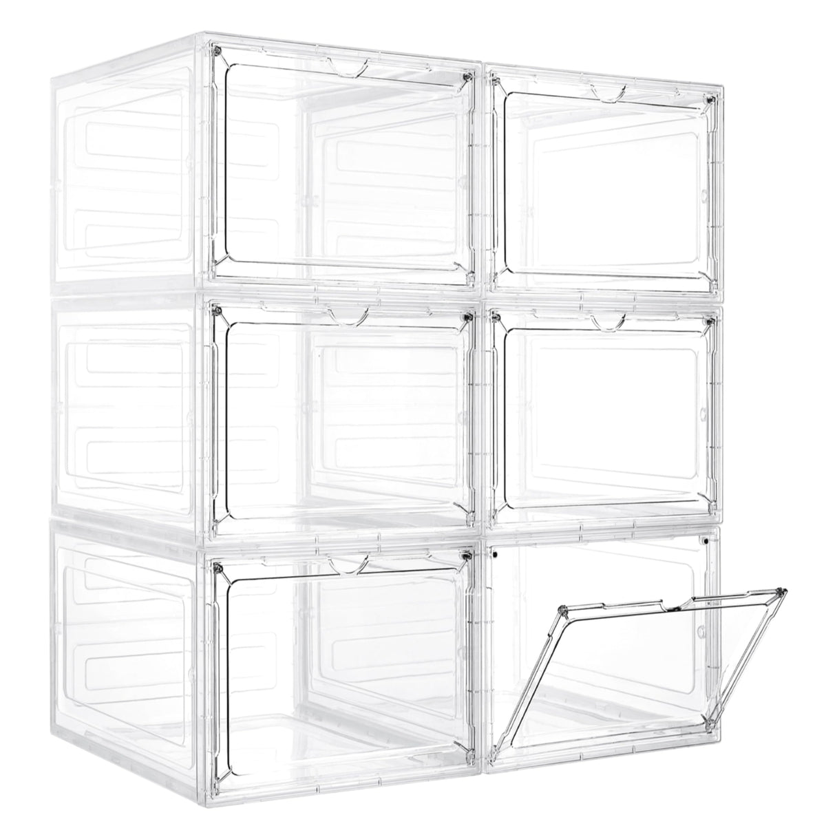 LXLXXL front view of six-pack clear storage bins showing organized stack and labels for easy sorting