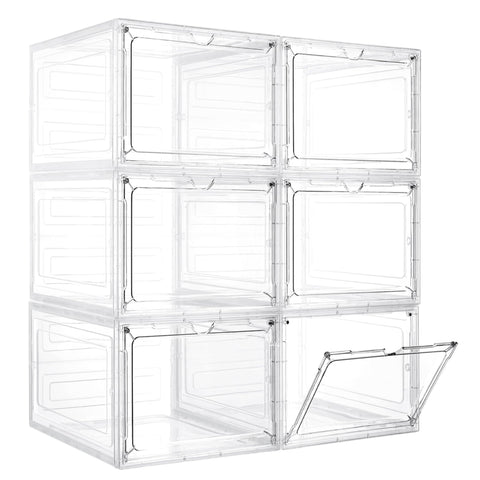 LXLXXL front view of six-pack clear storage bins showing organized stack and labels for easy sorting