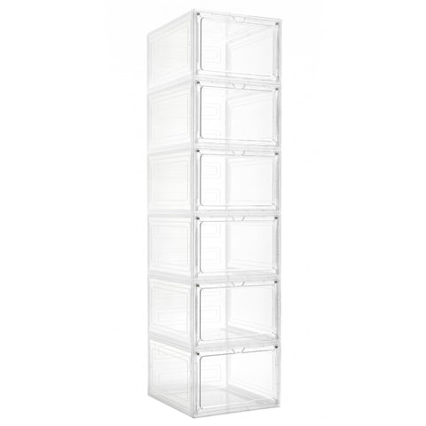 LXLXXL lifestyle shelf display with bins in a closet illustrating neat, visible home organization