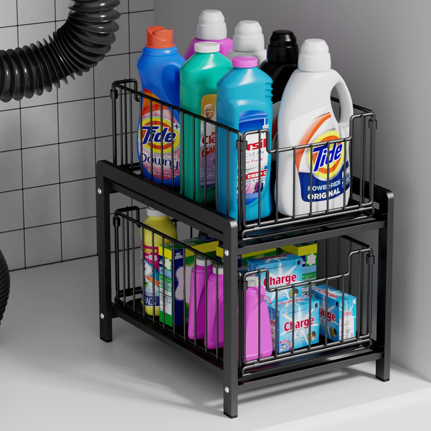 Lxmons front view of pull-out organizer showing tidy two-tier storage and easy access