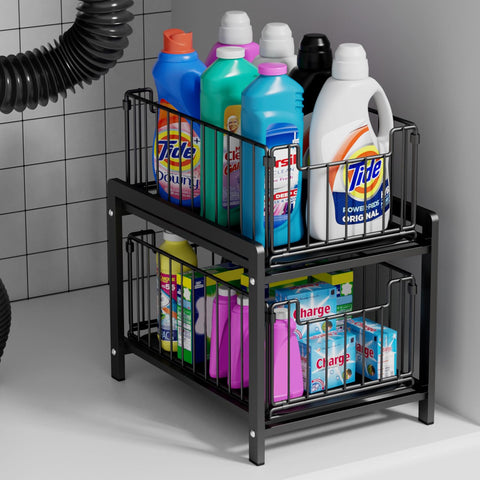 Lxmons front view of pull-out organizer showing tidy two-tier storage and easy access