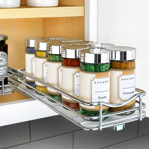 LYNK PROFESSIONAL front view of chrome pull-out spice rack shows tidy vertical storage