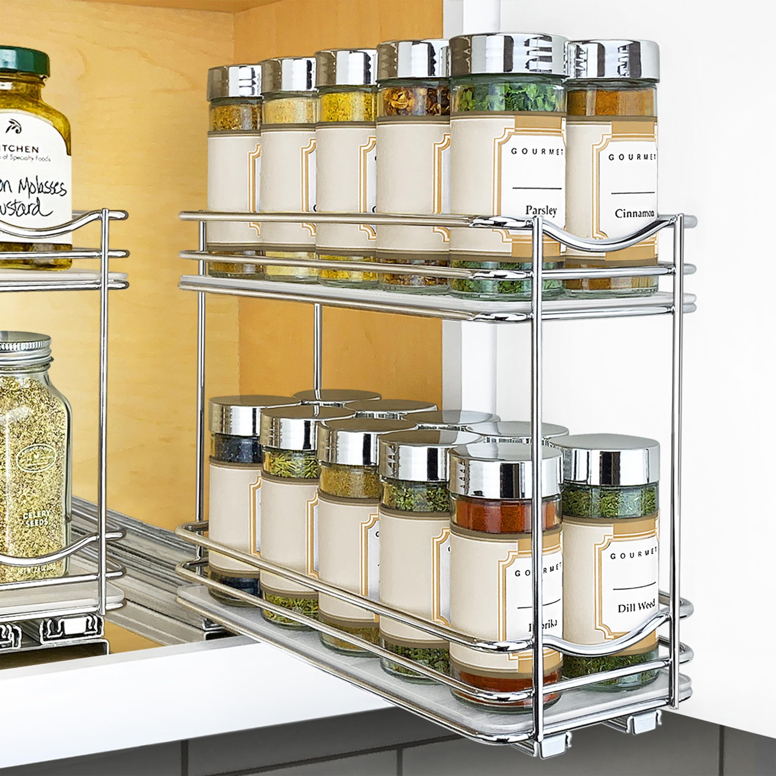 LYNK PROFESSIONAL front view of pull-out spice rack showing compact storage benefit
