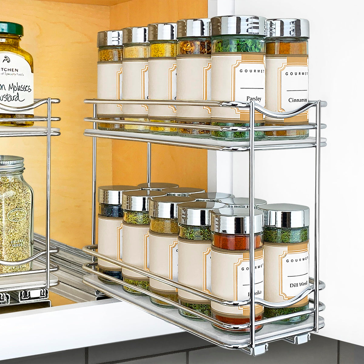 LYNK PROFESSIONAL front view of pull-out spice rack showing compact storage benefit