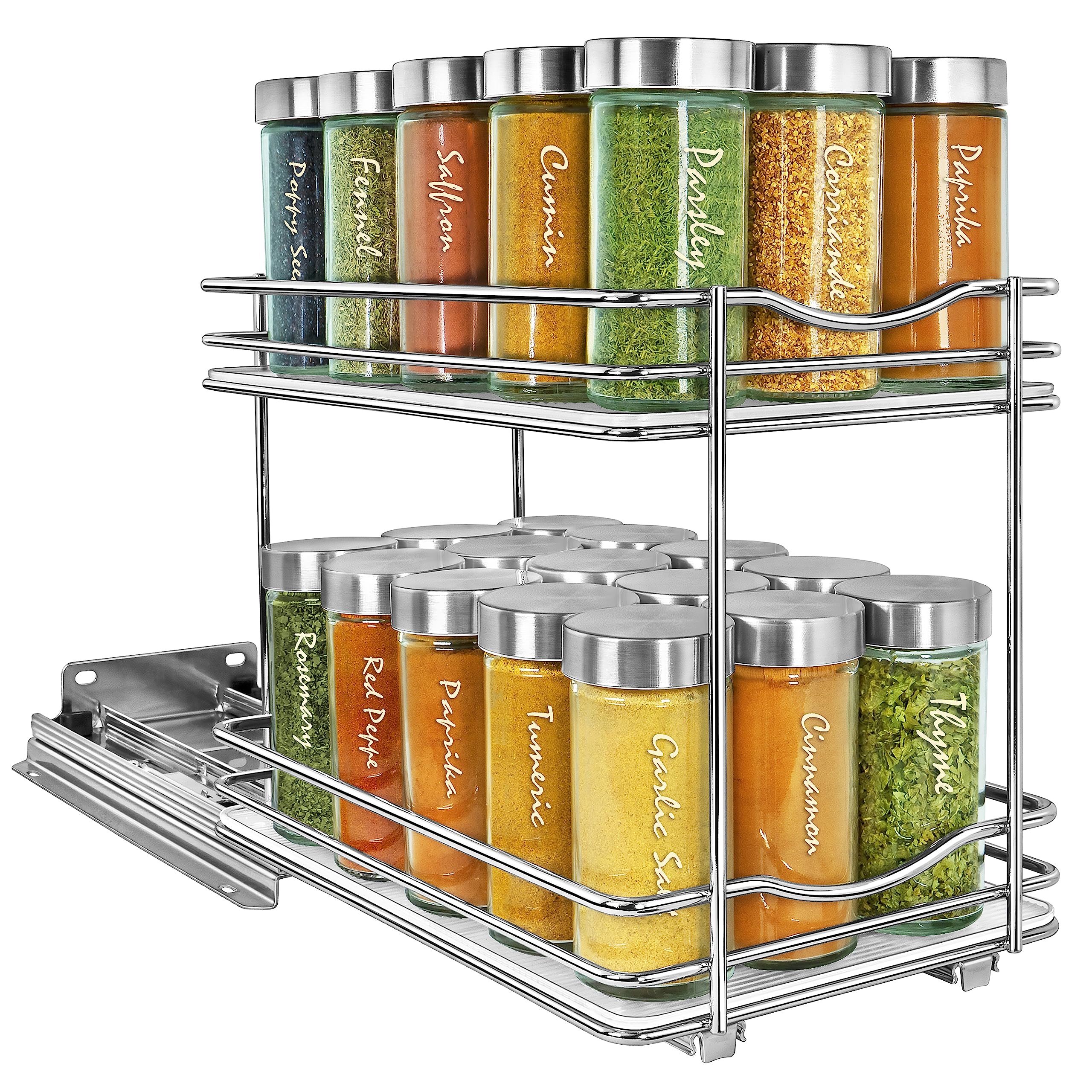 LYNK PROFESSIONAL front view of chrome two-tier pull out spice rack for neat storage