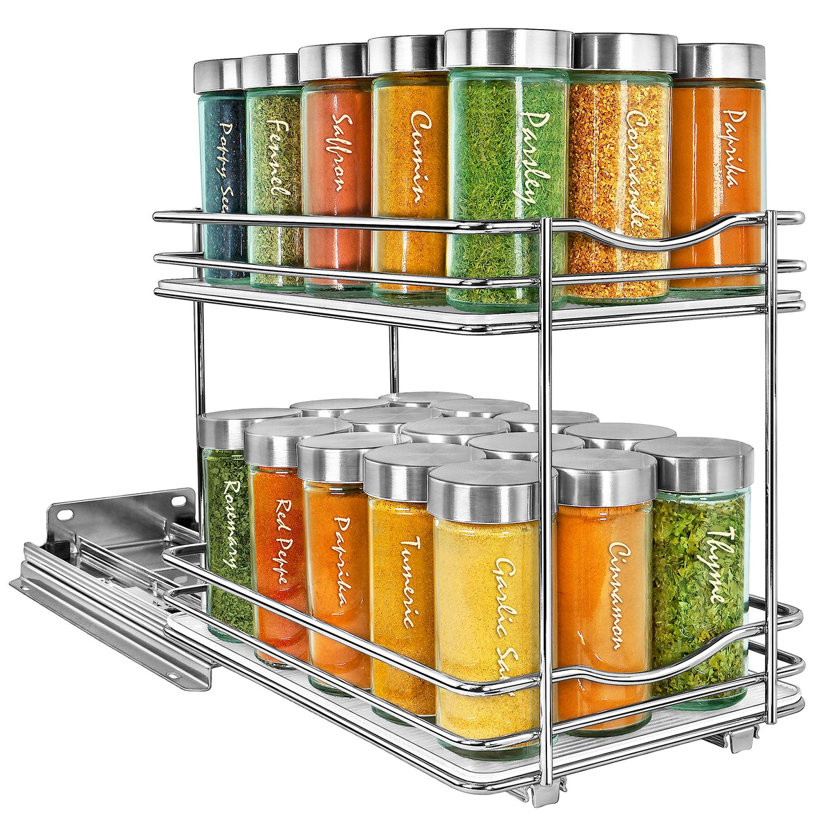 LYNK PROFESSIONAL front view of chrome two-tier pull out spice rack for neat storage
