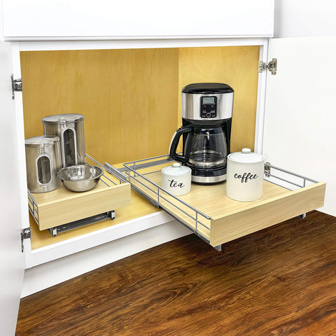 LYNK PROFESSIONAL installed in base cabinet with organized cookware benefit: maximizes usable storage