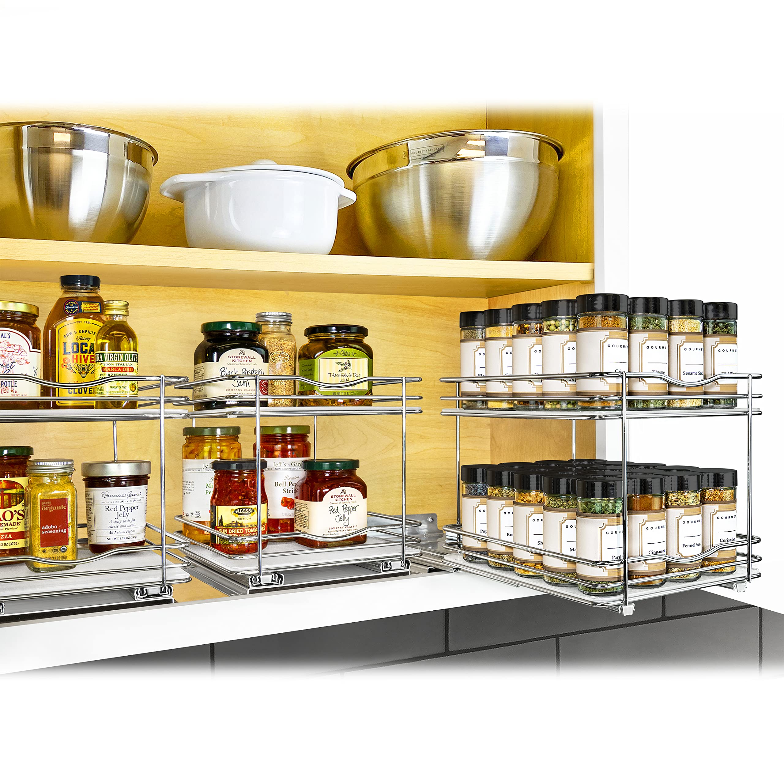 LYNK PROFESSIONAL two-tier storage loaded with jars maximizing vertical space