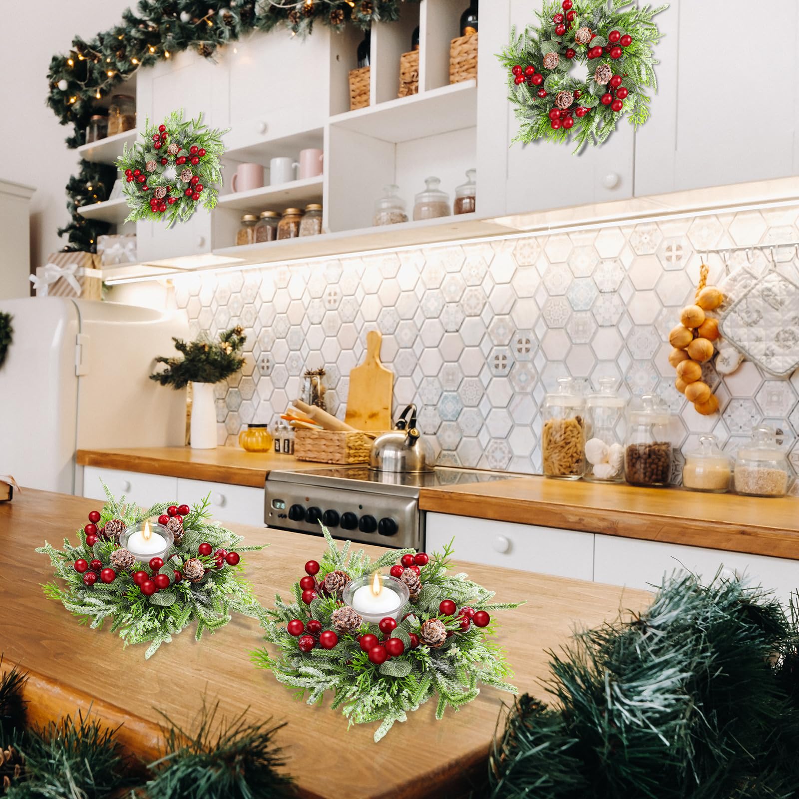 Lyrow candle ring in use on kitchen island adding instant festive warmth