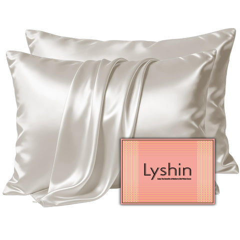 LYSHIN beige king silk pillowcase front packaging showing color and two-pack benefit
