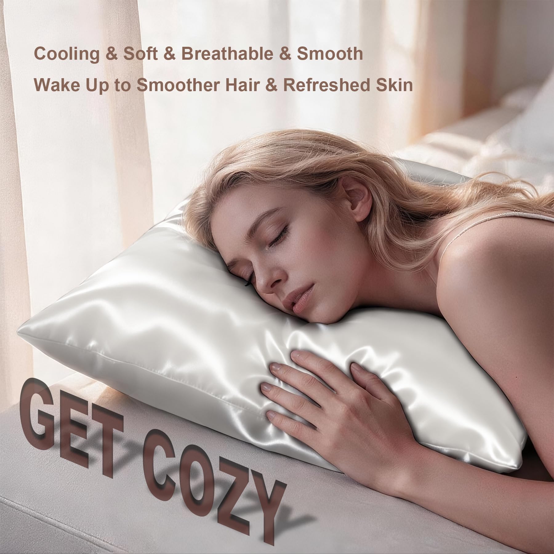 LYSHIN pillowcase with model hair resting on silk illustrating reduced frizz and hair protection benefit