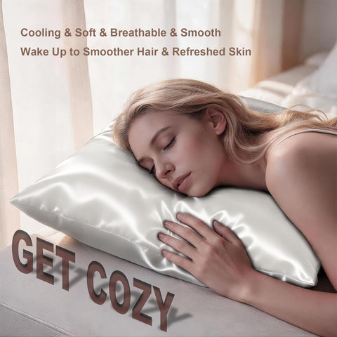 LYSHIN pillowcase with model hair resting on silk illustrating reduced frizz and hair protection benefit