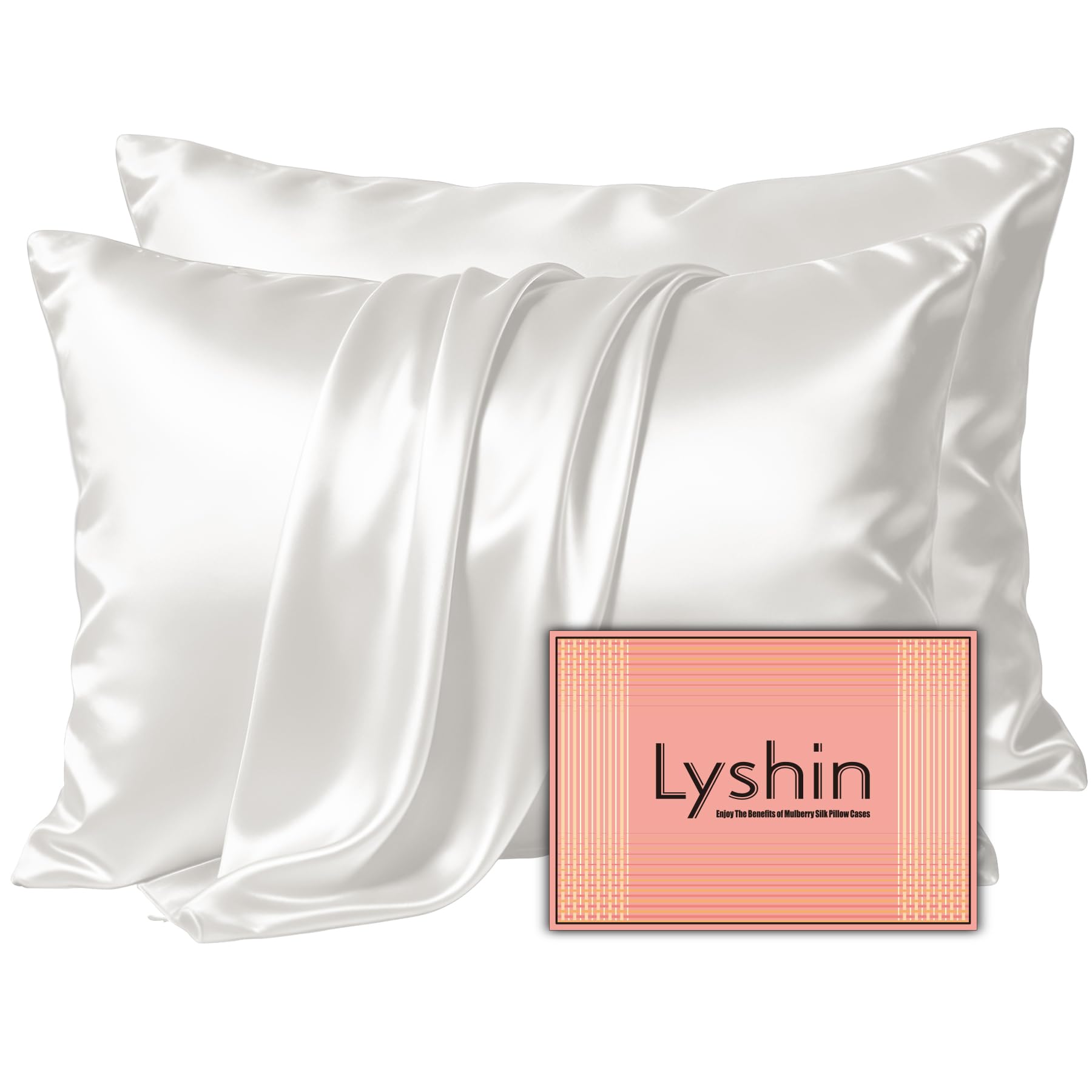 LYSHIN ivory front packaging showing two king-size silk pillowcases, elegant presentation benefit