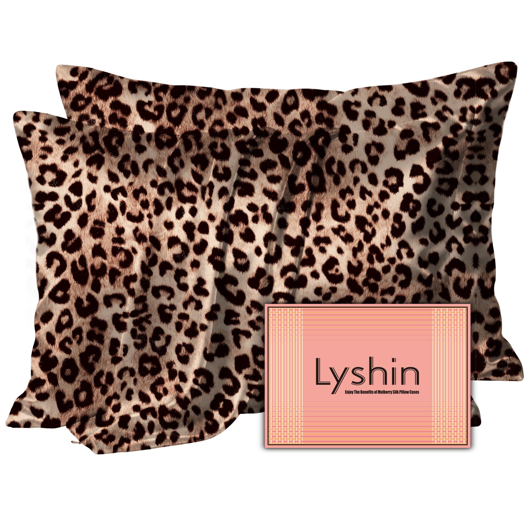 LYSHIN leopard front packaging showing two silk pillowcases and gift box benefit elegant presentation