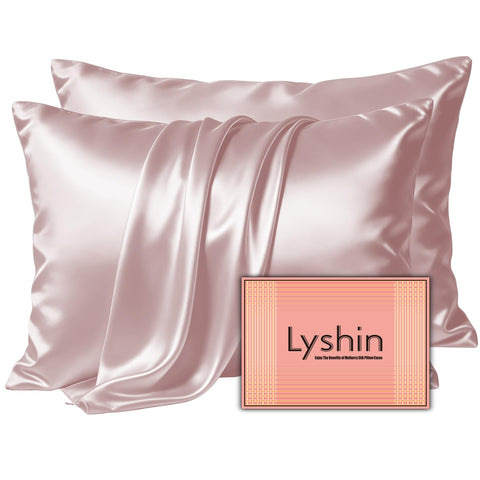 LYSHIN front packaging showing two pink silk pillowcases, elegant gift presentation