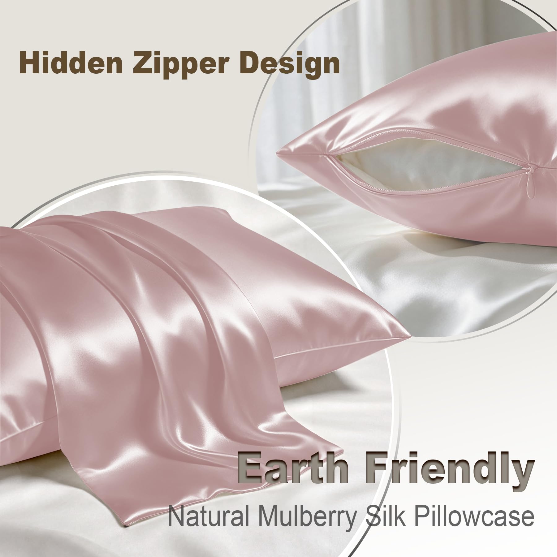 LYSHIN concealed zipper detail on pink silk pillowcase showing secure closure